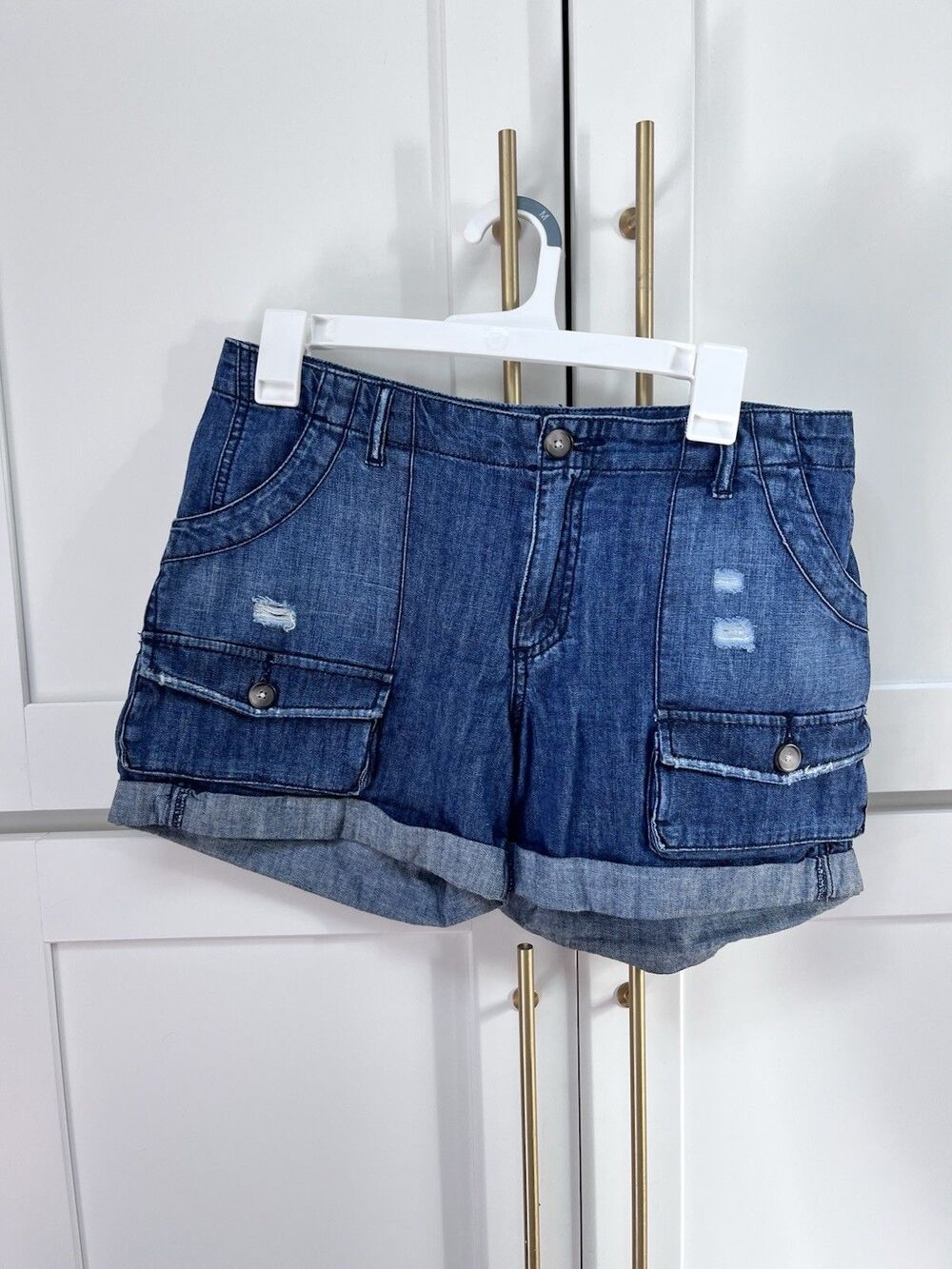 Gap Women Denim Cargo Short Shorts Size 6 Distressed Folded Hemline Blue